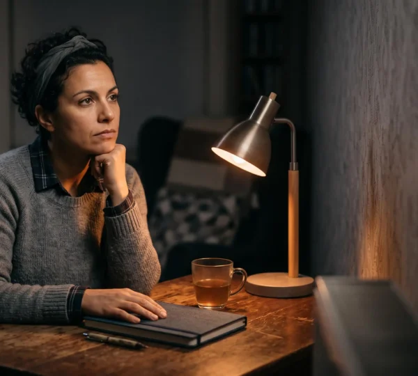 Une personne concentrée termine sa session de formation en ligne tard le soir, symbole de persévérance face à l'abandon