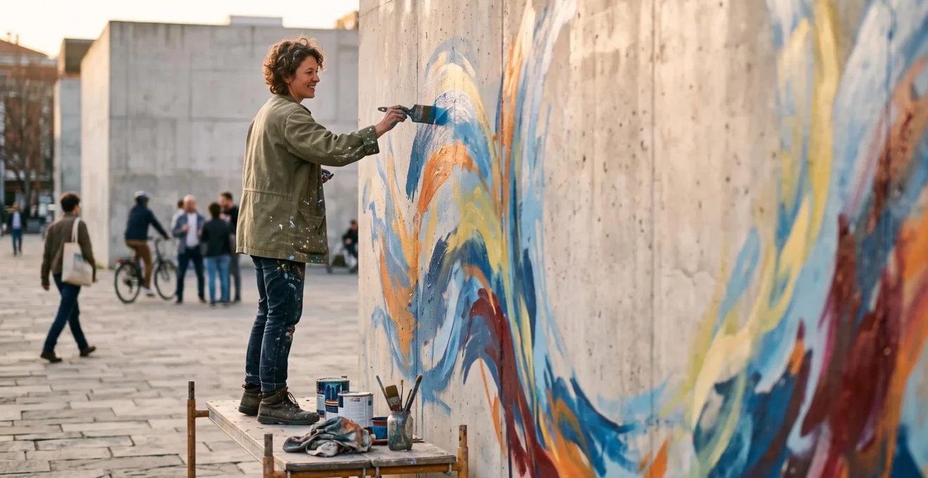 Artiste peignant une fresque murale colorée sur un mur extérieur en plein jour, dans un cadre urbain légal et lumineux