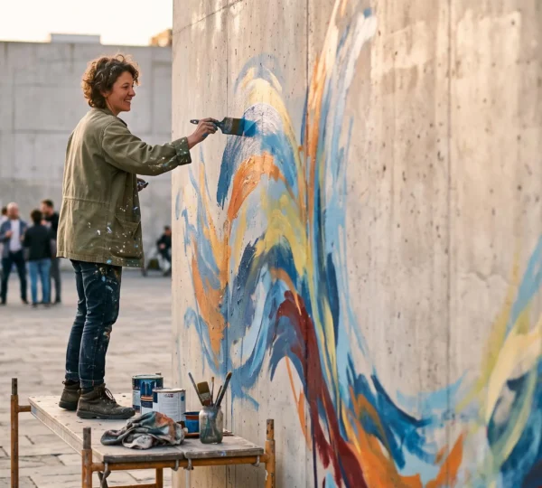 Artiste peignant une fresque murale colorée sur un mur extérieur en plein jour, dans un cadre urbain légal et lumineux
