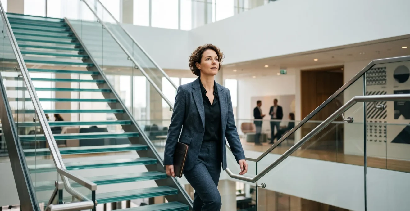 Professionnel gravissant un escalier moderne et lumineux, symbole de la progression de carrière vers une promotion en 18 mois