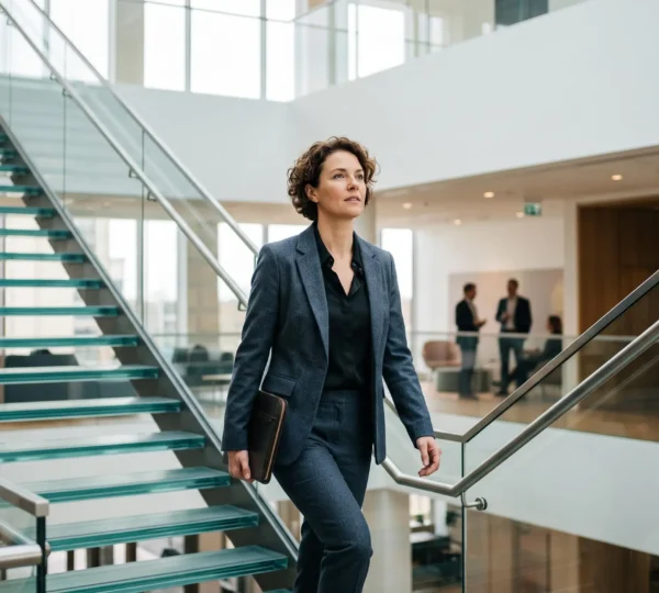 Professionnel gravissant un escalier moderne et lumineux, symbole de la progression de carrière vers une promotion en 18 mois