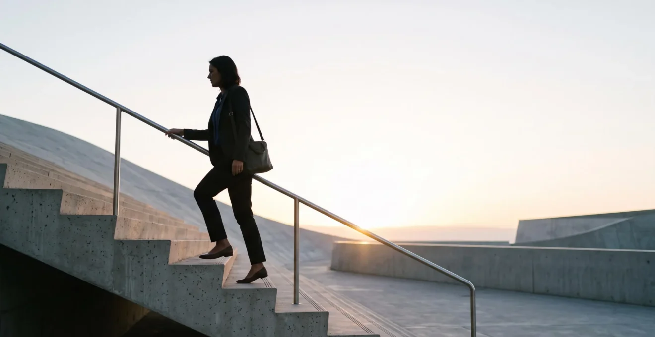 Silhouette d'un professionnel gravissant un escalier symbolique vers la lumière, illustrant la progression du niveau IV au niveau VI