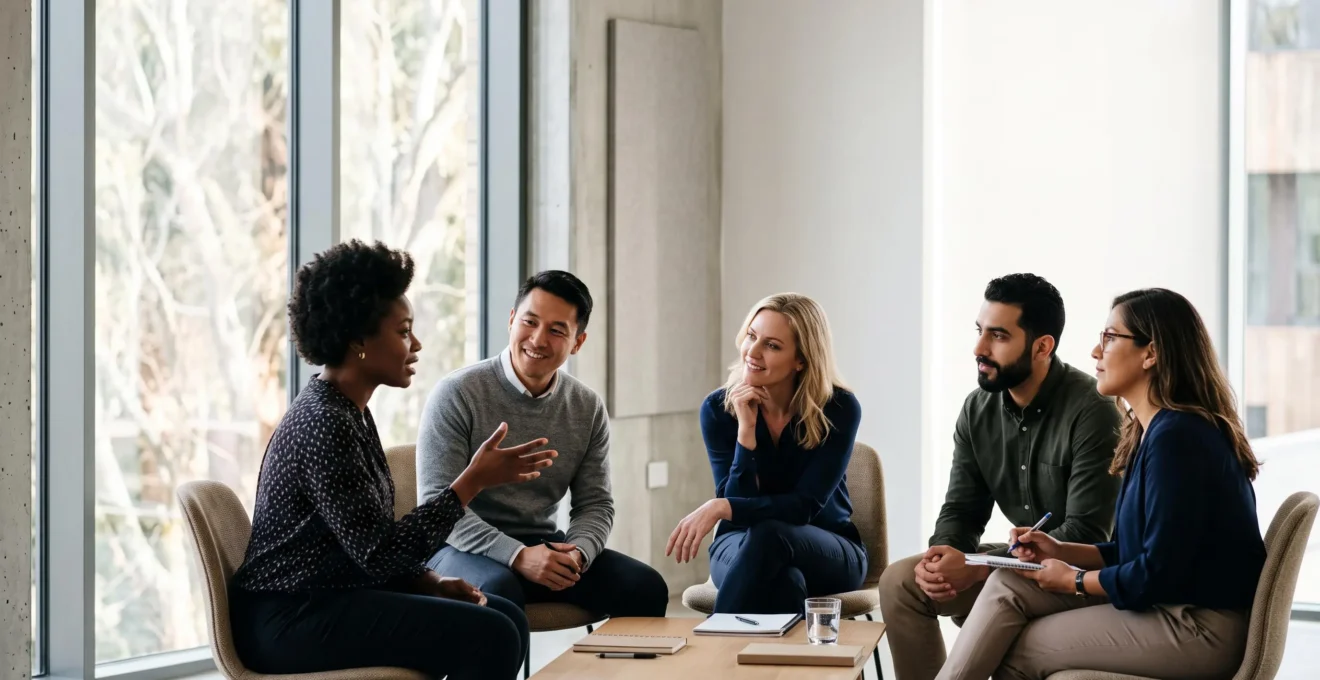 Groupe d'apprenants concentrés et engagés pendant une session de formation en salle lumineuse