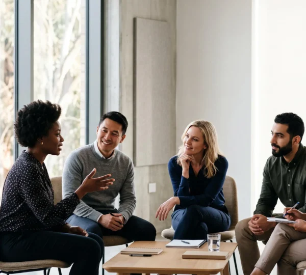 Groupe d'apprenants concentrés et engagés pendant une session de formation en salle lumineuse