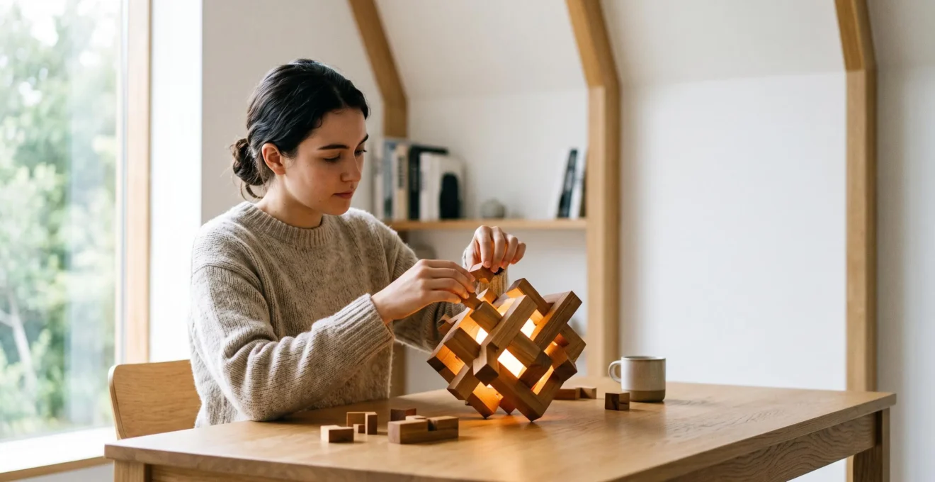 Jeune adulte assemblant activement une structure lumineuse abstraite, symbolisant l'apprentissage actif et la construction de la mémoire