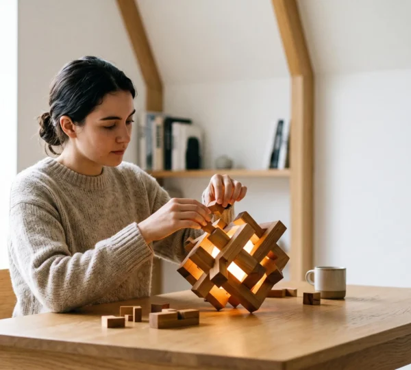 Jeune adulte assemblant activement une structure lumineuse abstraite, symbolisant l'apprentissage actif et la construction de la mémoire