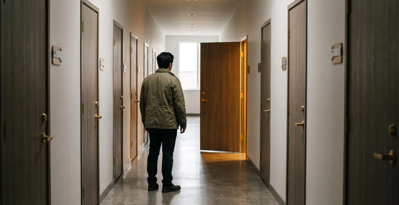Une personne face à un mur de portes identiques, symbolisant le choix difficile entre de nombreux centres de formation