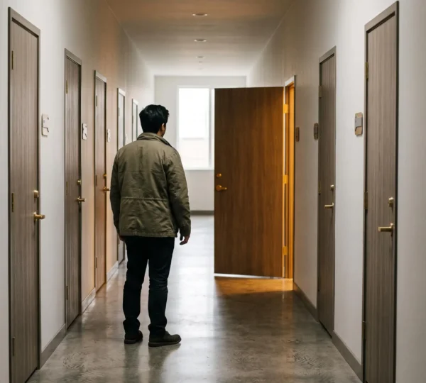 Une personne face à un mur de portes identiques, symbolisant le choix difficile entre de nombreux centres de formation