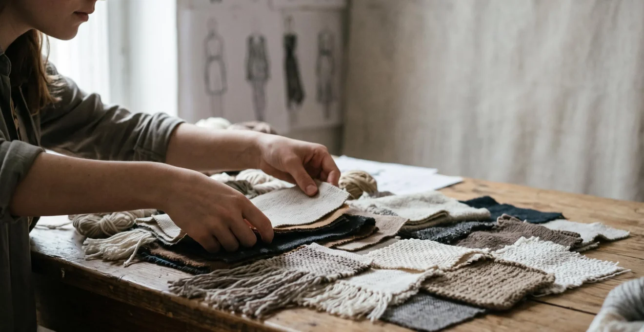 Jeune designer textile manipulant des echantillons de tissus textures sur une table d'atelier lumineuse