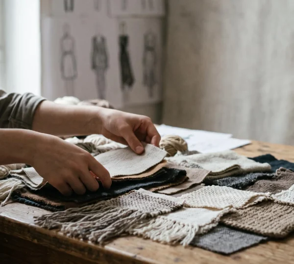 Jeune designer textile manipulant des echantillons de tissus textures sur une table d'atelier lumineuse