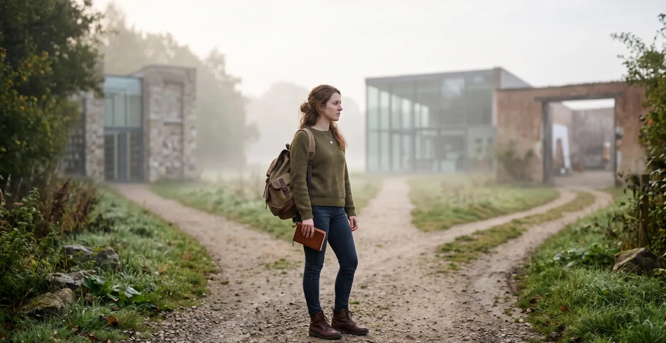 Jeune etudiant reflechissant face a plusieurs chemins symbolisant les filieres universitaires possibles