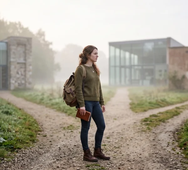 Jeune etudiant reflechissant face a plusieurs chemins symbolisant les filieres universitaires possibles