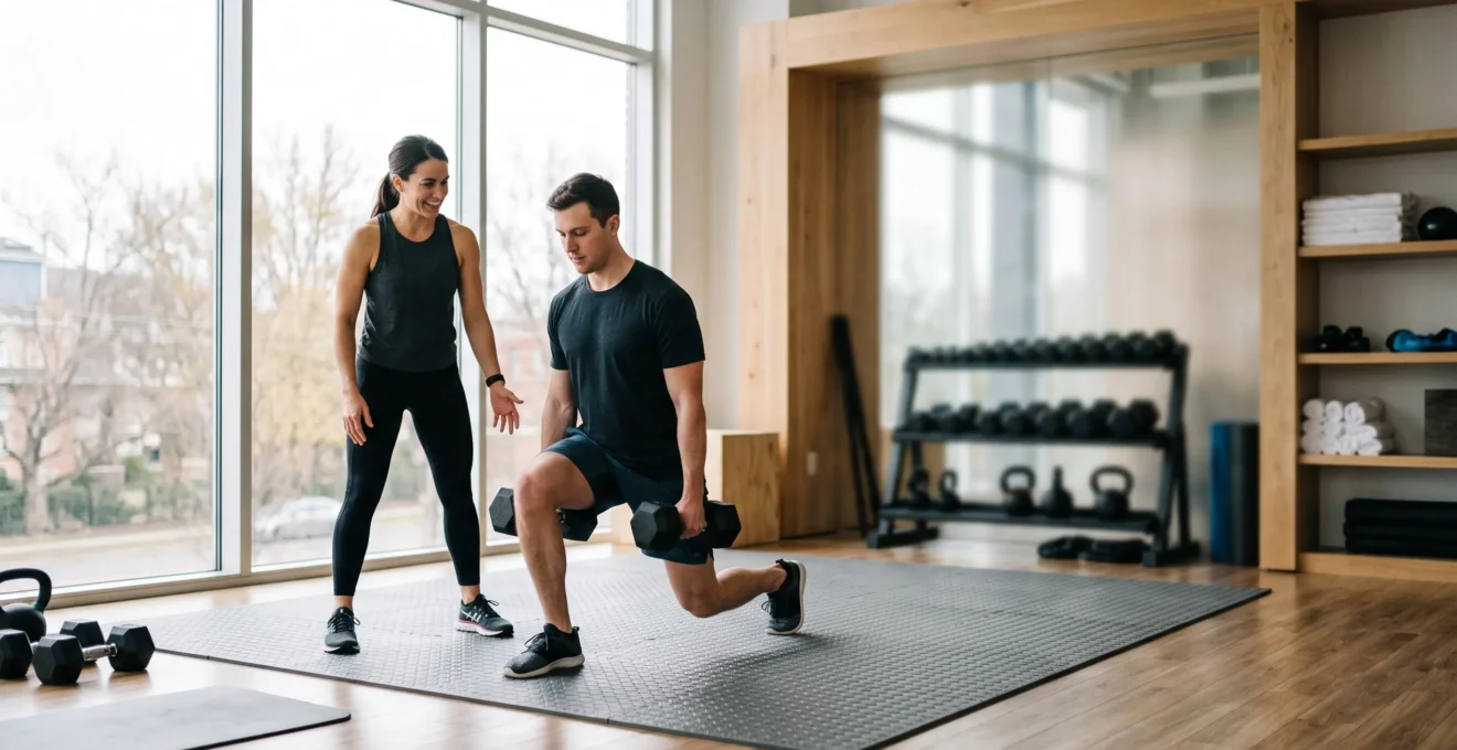 Coach sportif diplômé encadrant une séance d'entraînement personnalisée dans une salle lumineuse, symbole de la reconversion professionnelle réussie