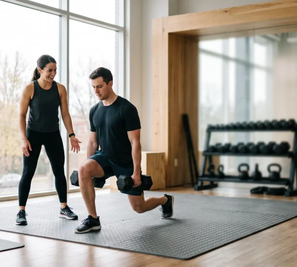 Coach sportif diplômé encadrant une séance d'entraînement personnalisée dans une salle lumineuse, symbole de la reconversion professionnelle réussie