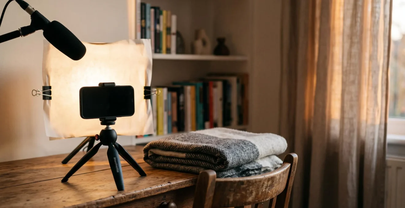 Configuration de tournage vidéo maison avec smartphone sur trépied, éclairage doux et micro, pour une production vidéo professionnelle à petit budget