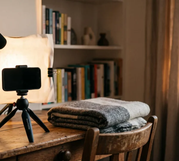 Configuration de tournage vidéo maison avec smartphone sur trépied, éclairage doux et micro, pour une production vidéo professionnelle à petit budget