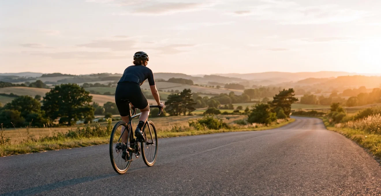 Cycliste solitaire roulant sur une route de campagne au lever du jour, symbolisant la progression d'entraînement de 30 à 100 km