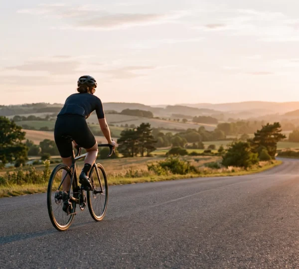 Cycliste solitaire roulant sur une route de campagne au lever du jour, symbolisant la progression d'entraînement de 30 à 100 km