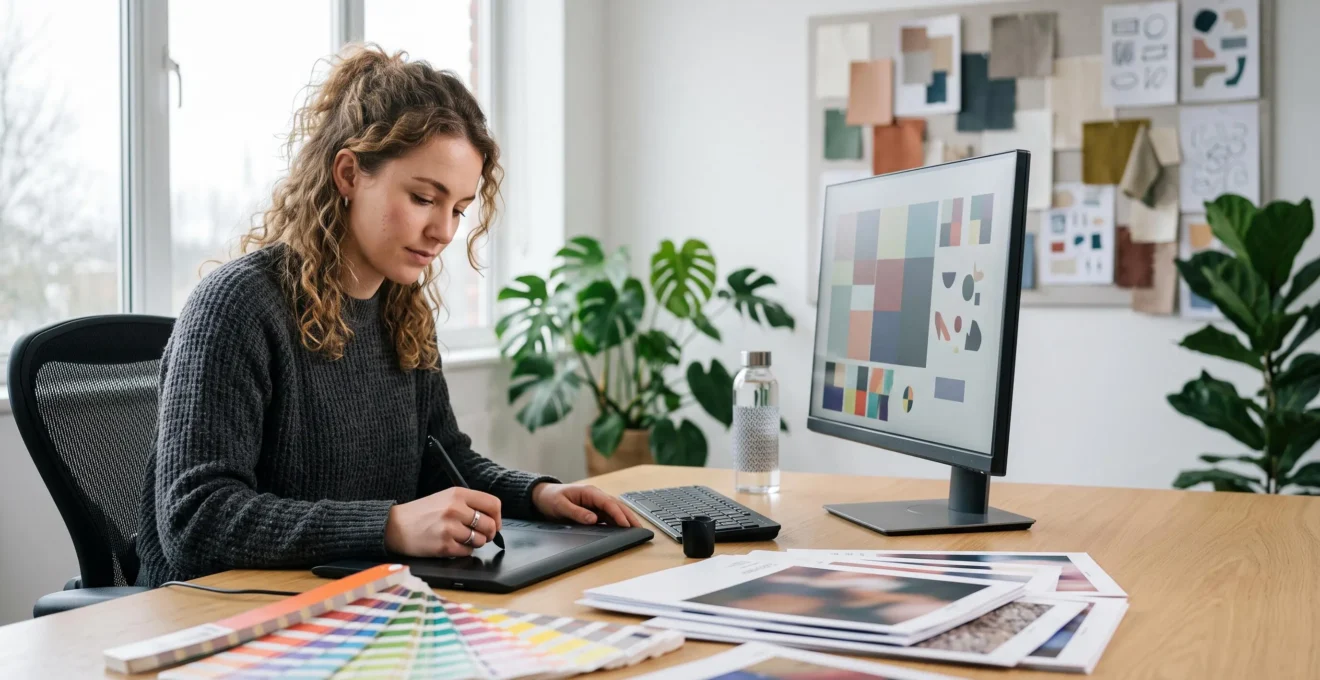 Jeune designer graphique travaillant sur une composition visuelle dans un studio d'agence créative lumineux