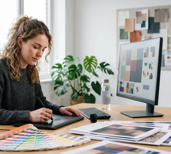 Jeune designer graphique travaillant sur une composition visuelle dans un studio d'agence créative lumineux