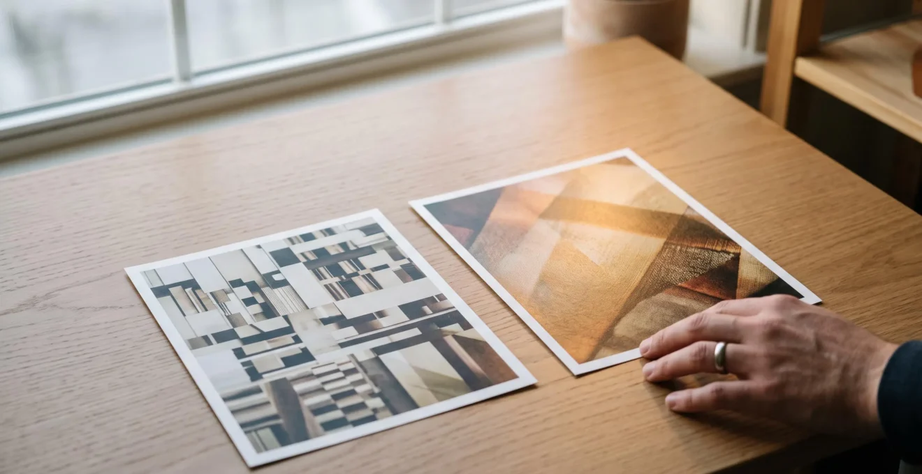 Deux tirages photographiques côte à côte sur une table en bois, l'un neutre et technique, l'autre habité par une lumière et une texture distinctives, symbolisant la transformation d'un style photographique