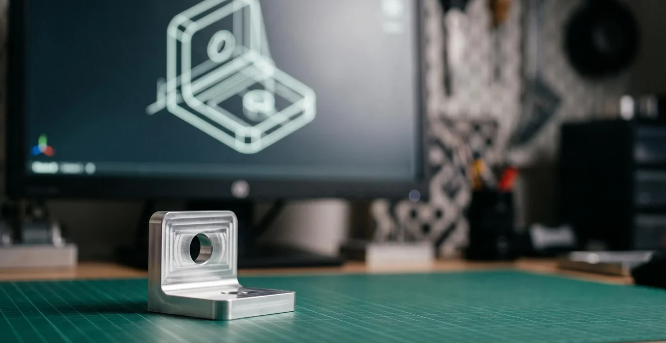 Poste de travail de conception mécanique avec une pièce métallique posée à côté d'un plan technique flouté, symbolisant le passage du modèle numérique à l'objet fabriqué