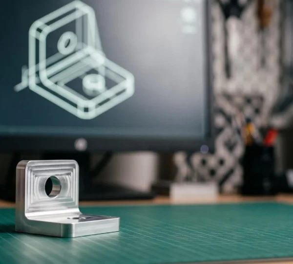 Poste de travail de conception mécanique avec une pièce métallique posée à côté d'un plan technique flouté, symbolisant le passage du modèle numérique à l'objet fabriqué