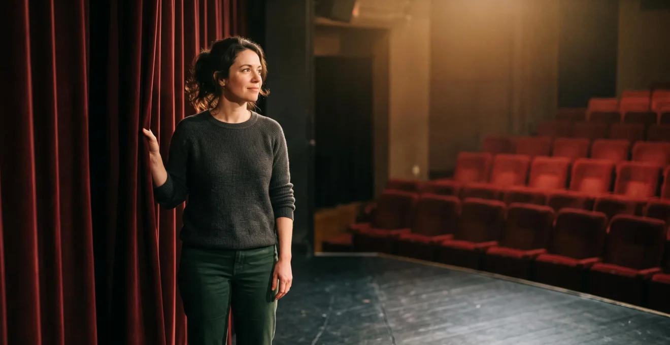 Adulte d'une trentaine d'années se tenant dans les coulisses d'un théâtre, hésitant avant d'entrer sur scène pour vaincre sa timidité