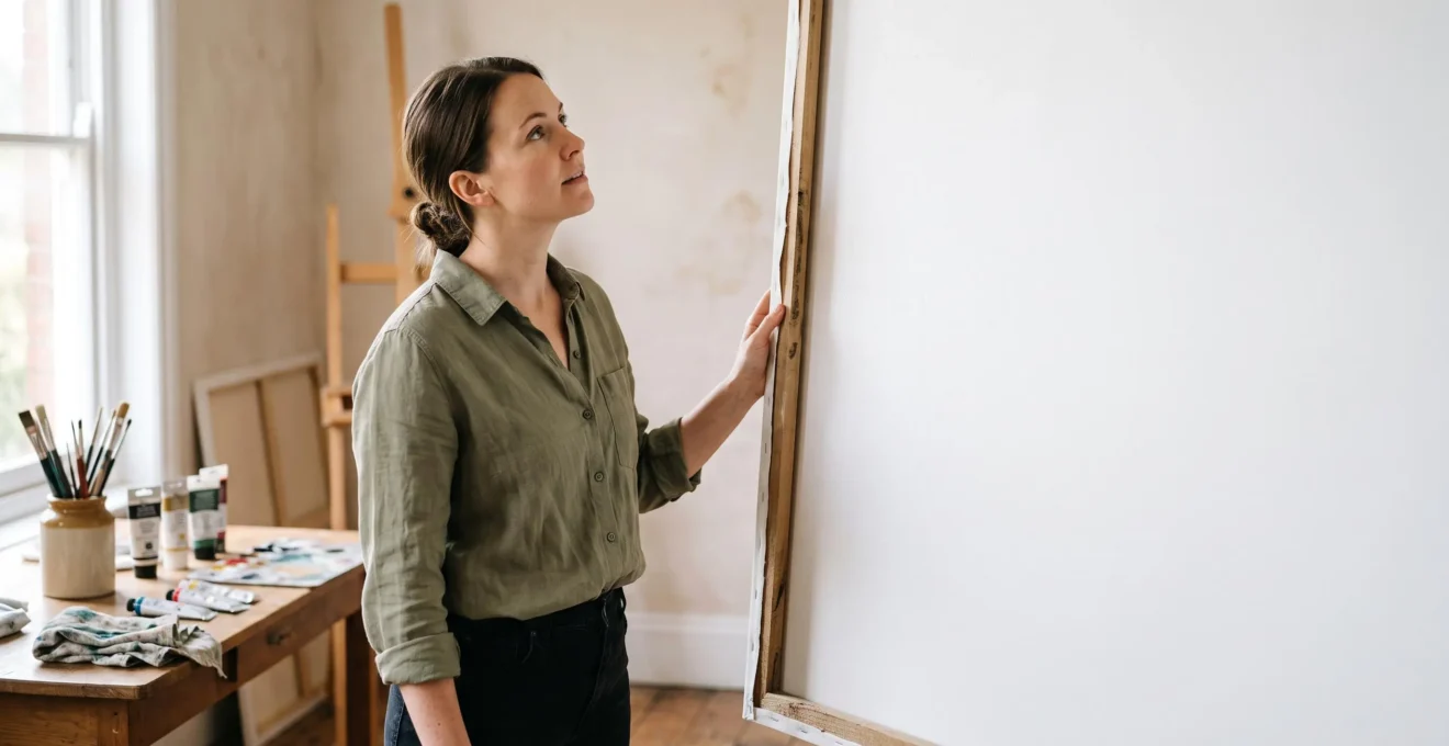 Une personne adulte s'initiant à la peinture dans un atelier lumineux, sans aucune formation artistique préalable