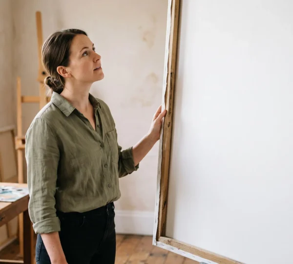 Une personne adulte s'initiant à la peinture dans un atelier lumineux, sans aucune formation artistique préalable