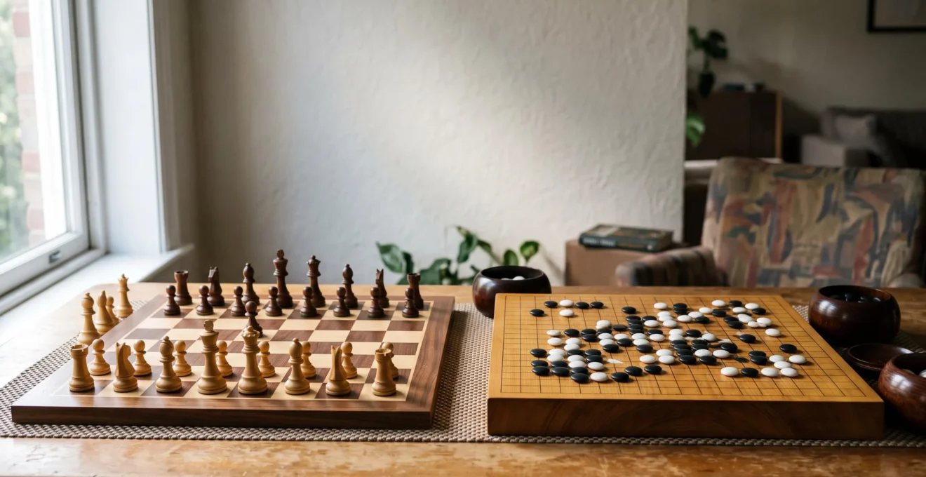Un échiquier et un goban côte à côte sur une table en bois, symbolisant deux chemins de progression intellectuelle sans esprit de compétition