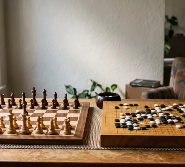 Un échiquier et un goban côte à côte sur une table en bois, symbolisant deux chemins de progression intellectuelle sans esprit de compétition
