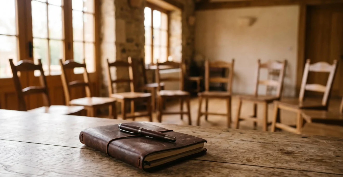 Table en bois avec un carnet fermé, un stylo plume et des chaises vides disposées en cercle, évoquant un atelier d'écriture