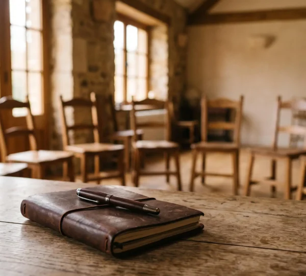 Table en bois avec un carnet fermé, un stylo plume et des chaises vides disposées en cercle, évoquant un atelier d'écriture