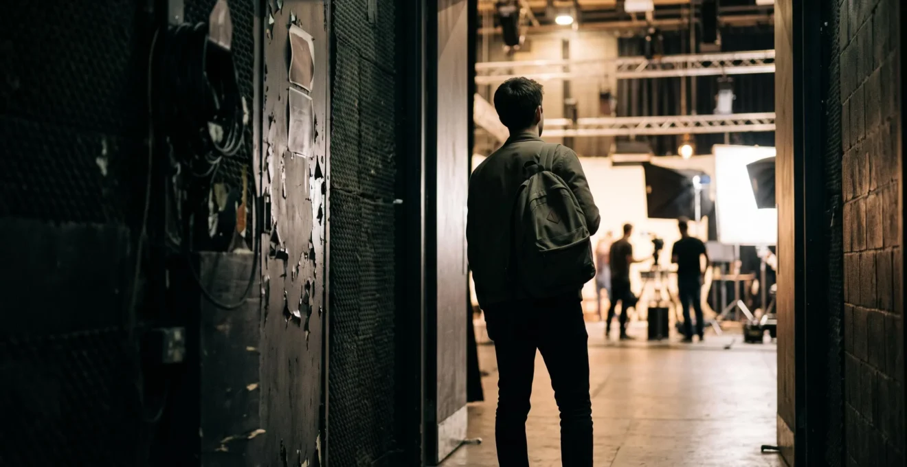 Une jeune professionnelle se tient dans l'entrée des coulisses, regardant vers la lumière d'une scène, symbolisant l'entrée dans le monde du spectacle sans réseau établi.