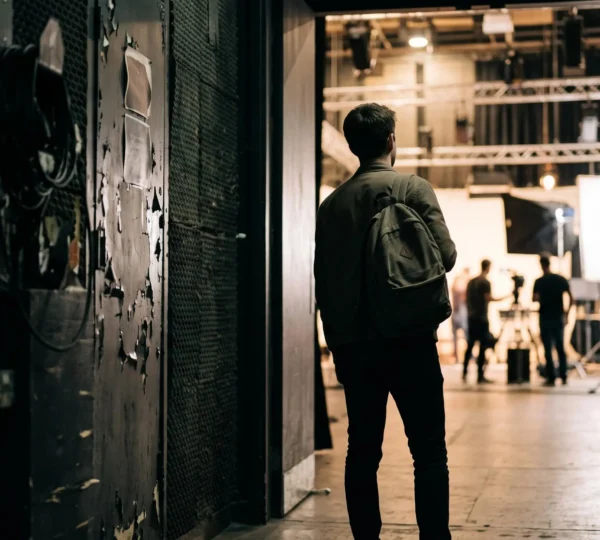 Une jeune professionnelle se tient dans l'entrée des coulisses, regardant vers la lumière d'une scène, symbolisant l'entrée dans le monde du spectacle sans réseau établi.
