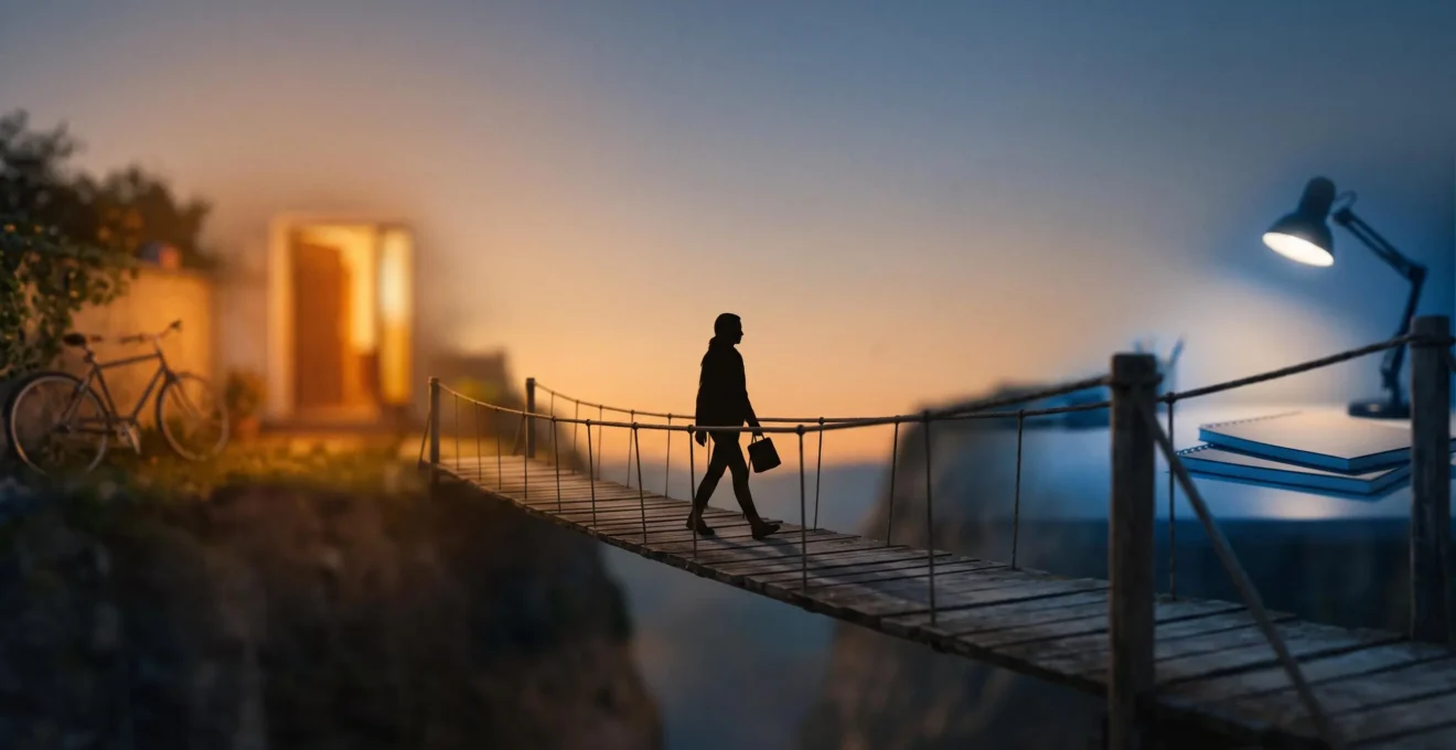 Silhouette d'une personne en équilibre sur une passerelle symbolisant l'équilibre entre montée en compétences, travail et vie personnelle