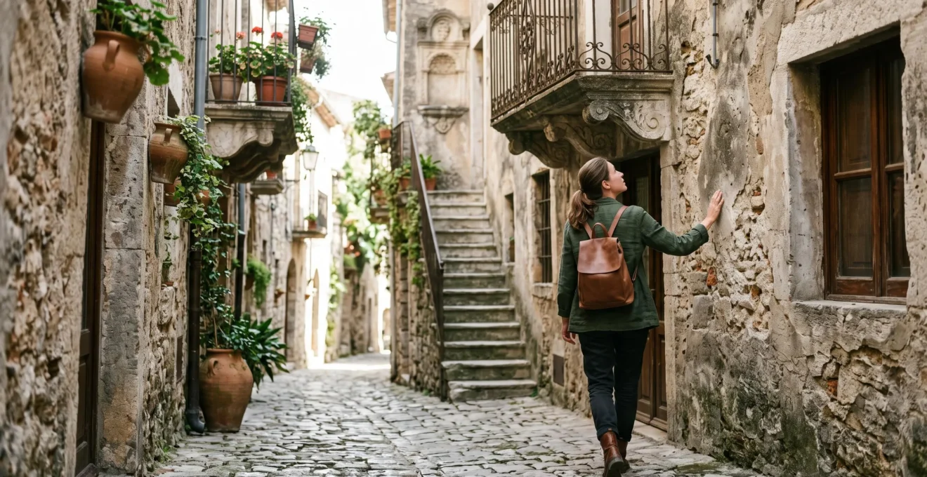 Une personne explore avec curiosité une ruelle ancienne bordée de façades historiques, symbolisant la découverte accessible du patrimoine local