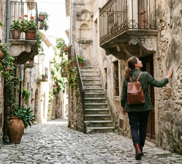 Une personne explore avec curiosité une ruelle ancienne bordée de façades historiques, symbolisant la découverte accessible du patrimoine local