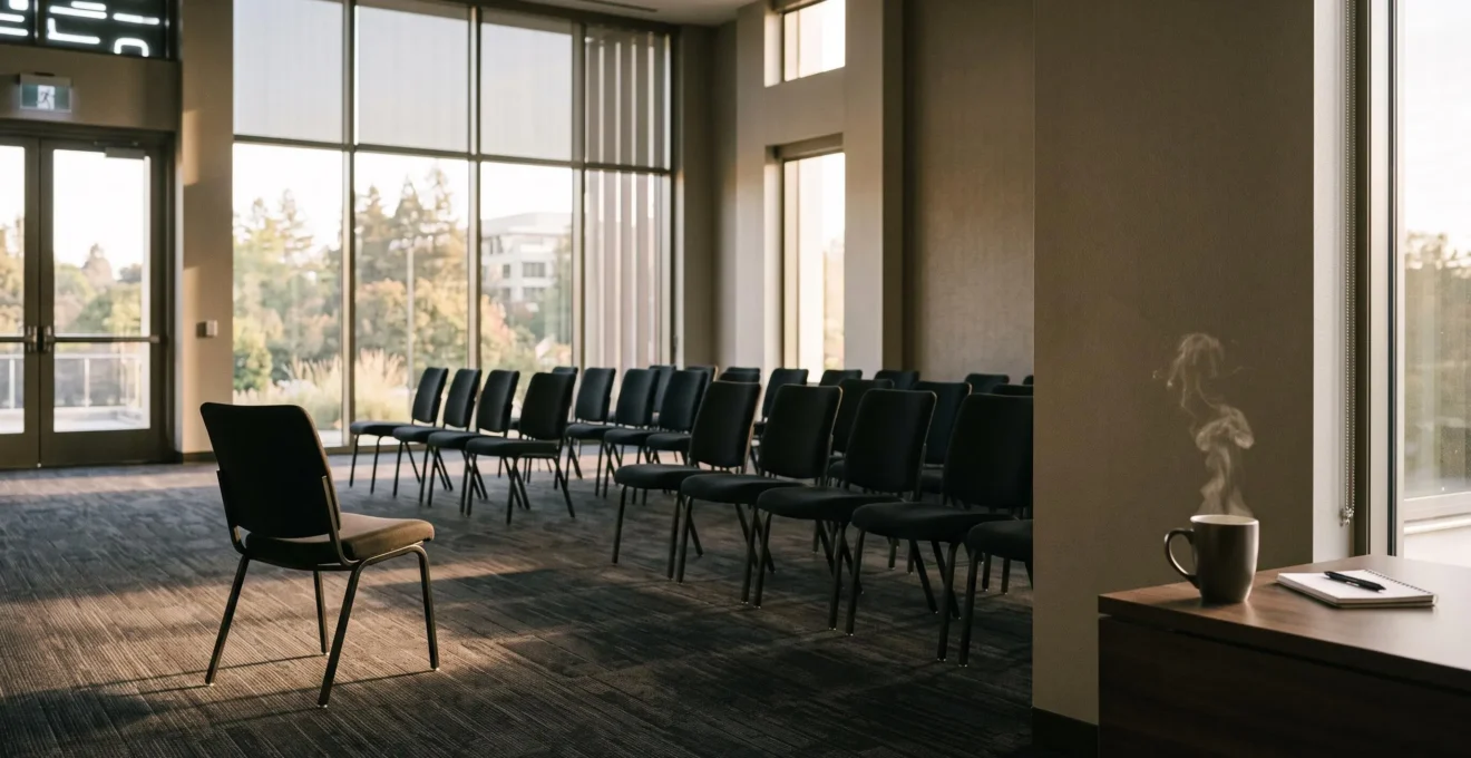 Salle de formation professionnelle vide baignée de lumière naturelle, symbolisant l'équilibre entre intensité et récupération lors d'un stage de 40 heures