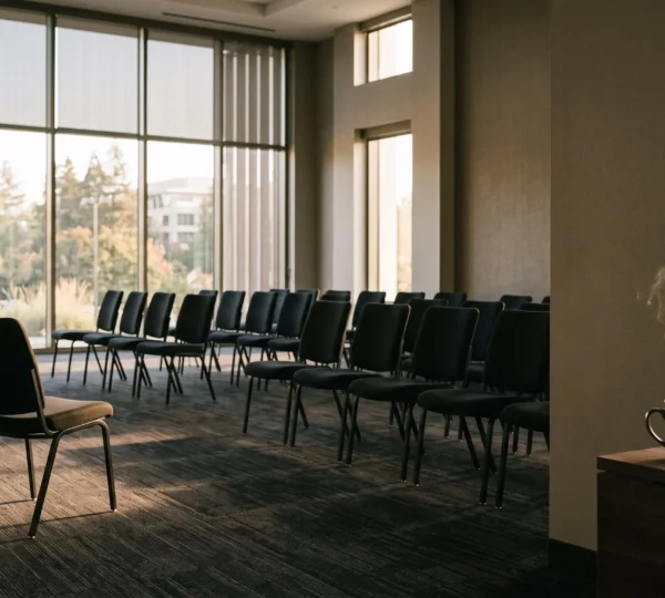 Salle de formation professionnelle vide baignée de lumière naturelle, symbolisant l'équilibre entre intensité et récupération lors d'un stage de 40 heures