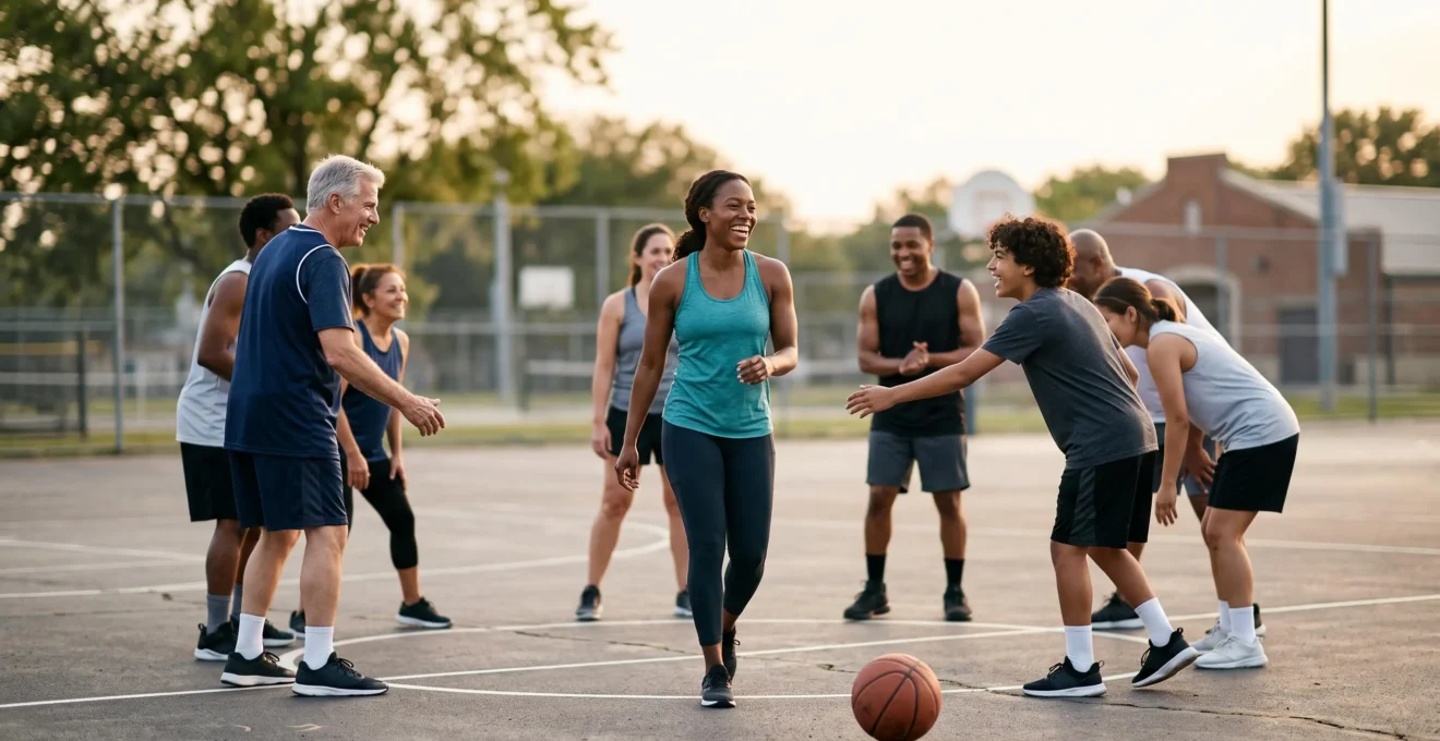 Adulte de 35 ans souriant rejoignant un groupe de coéquipiers sur un terrain de sport en plein air