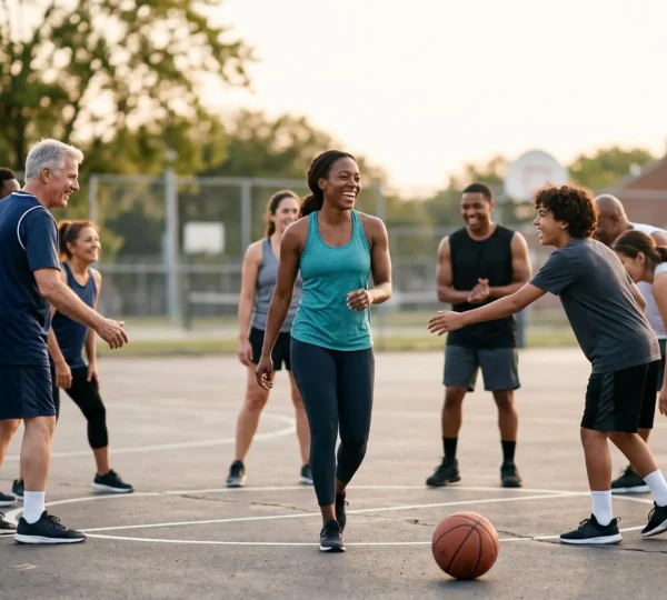 Adulte de 35 ans souriant rejoignant un groupe de coéquipiers sur un terrain de sport en plein air