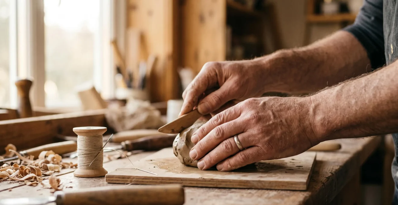 Mains façonnant simultanément du bois, du tissu et de l'argile dans un atelier artisanal chaleureux