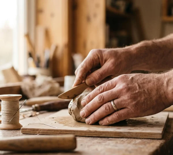 Mains façonnant simultanément du bois, du tissu et de l'argile dans un atelier artisanal chaleureux