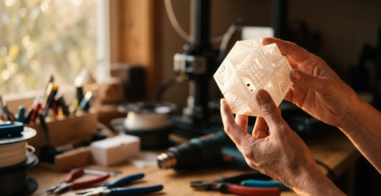 Gros plan sur des mains tenant délicatement un premier objet imprimé en 3D, symbole de l'aboutissement d'un apprentissage de modélisation
