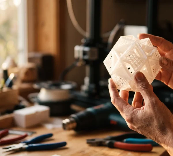 Gros plan sur des mains tenant délicatement un premier objet imprimé en 3D, symbole de l'aboutissement d'un apprentissage de modélisation