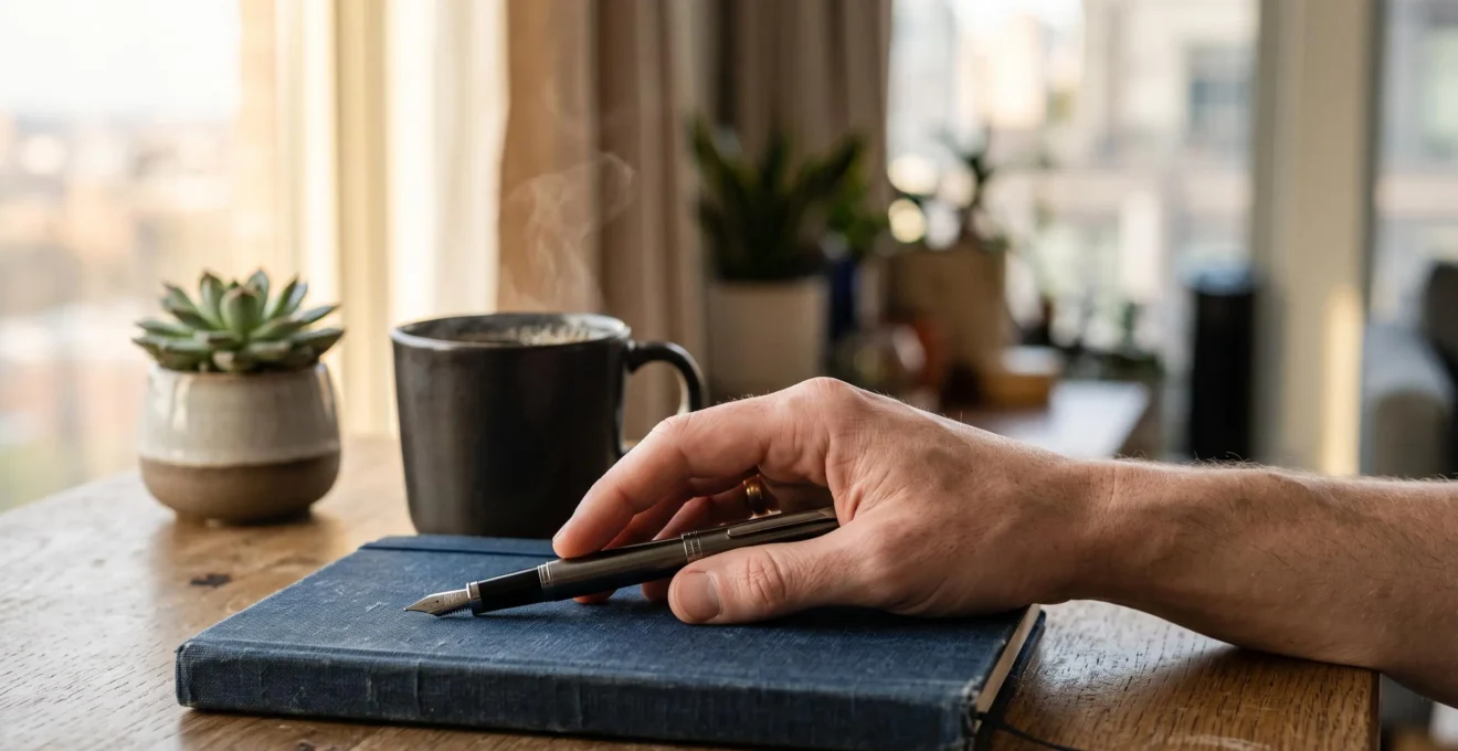 Une main posant un stylo sur un carnet ouvert près d'une tasse de cafe, dans un bureau lumineux et epure, symbolisant la progression vers une ecriture professionnelle maitrisee