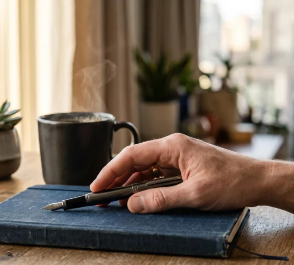 Une main posant un stylo sur un carnet ouvert près d'une tasse de cafe, dans un bureau lumineux et epure, symbolisant la progression vers une ecriture professionnelle maitrisee