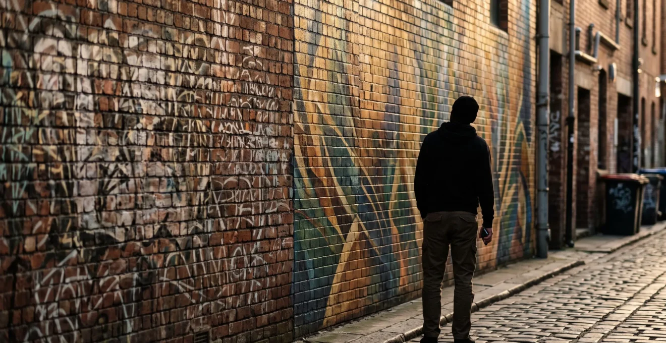 Mur urbain partagé entre une zone de tags bruts et une fresque colorée soignée, symbolisant la frontière entre vandalisme et street art reconnu